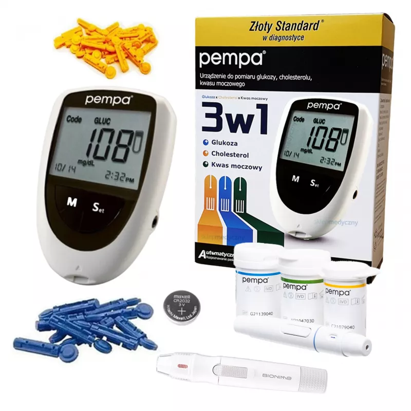 Glukometr Pempa 3w1 glukoza, cholesterol, kwas moczowy + Gratis