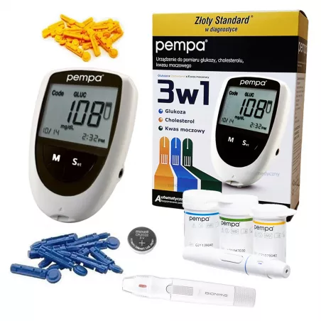 Glukometr Pempa 3w1 glukoza, cholesterol, kwas moczowy + Gratis