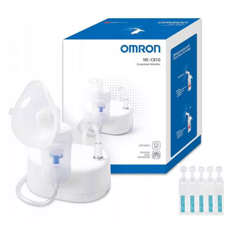 Inhalator nebulizator kompresorowy, kompaktowy Omron NE-C810 lekki + SÓL
